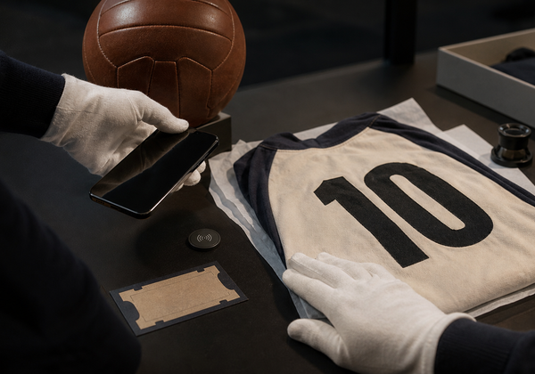 A numbered football shirt, match ball and official replica ticket arranged for provenance inspection with NFC phone scan and documents