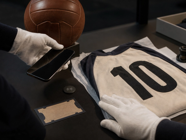 A numbered football shirt, match ball and official replica ticket arranged for provenance inspection with NFC phone scan and documents