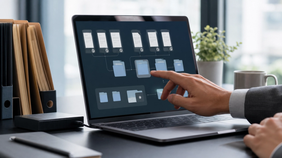 Executive reviewing a bounded digital file workspace on a laptop