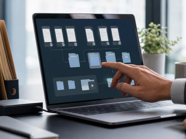 Executive reviewing a bounded digital file workspace on a laptop