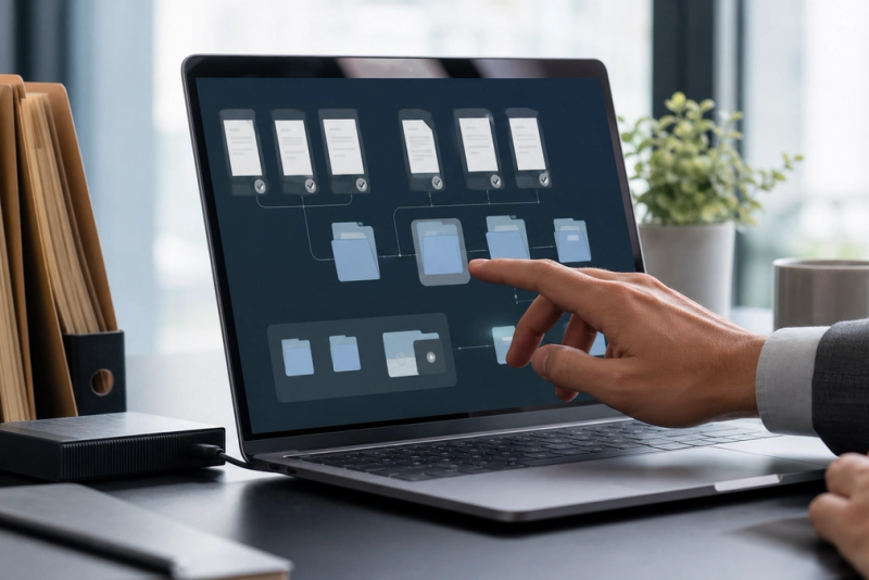 Executive reviewing a bounded digital file workspace on a laptop
