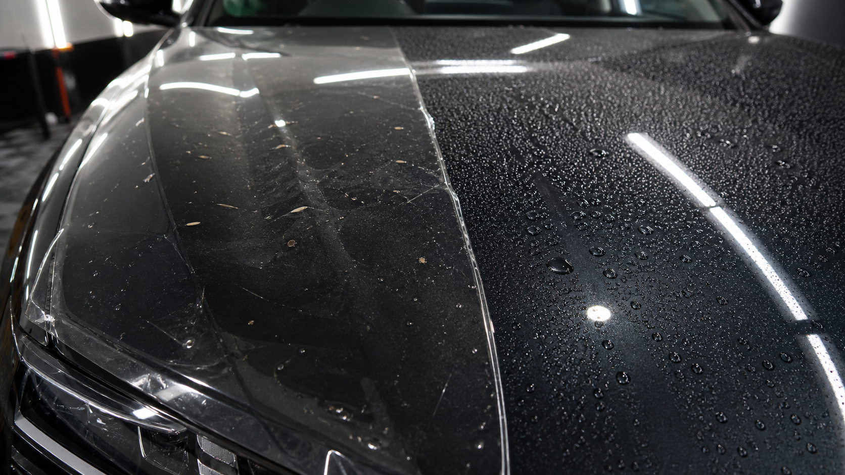 Macro editorial photograph of a dark luxury-car bonnet divided into two real protection demonstrations: transparent film edge absorbing small road debris on one side and water beading on a coated surface on the other