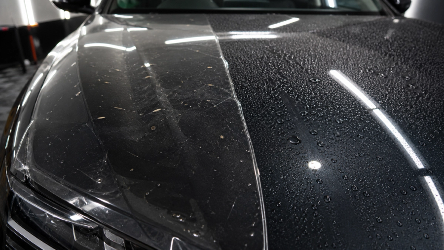 Macro editorial photograph of a dark luxury-car bonnet divided into two real protection demonstrations: transparent film edge absorbing small road debris on one side and water beading on a coated surface on the other