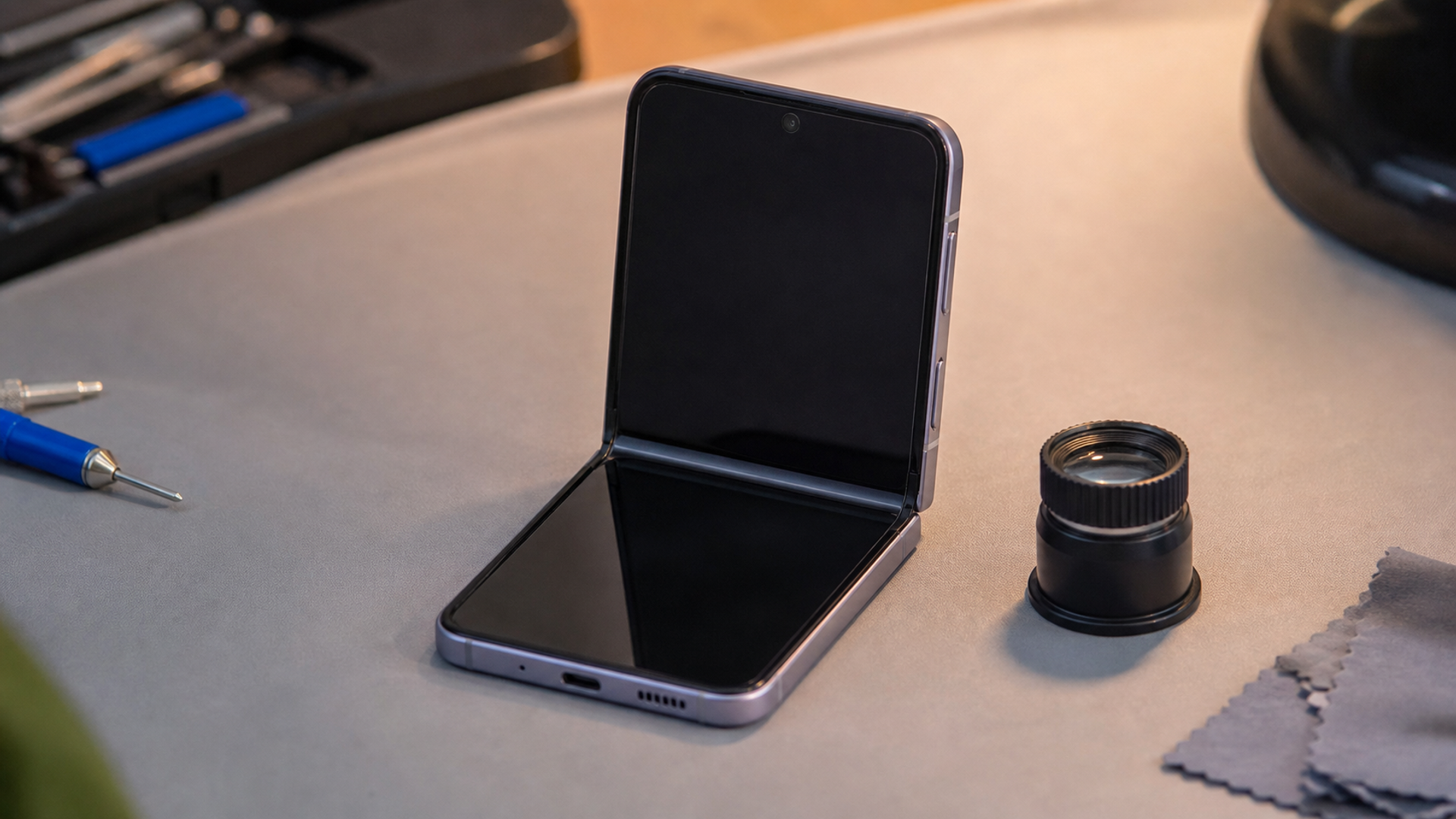 A used modern flip phone opened at several angles on an inspection mat, with hinge, crease and screen protector visible under soft side light