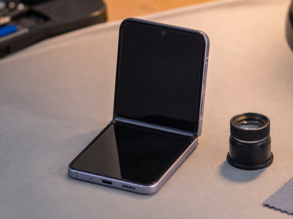A used modern flip phone opened at several angles on an inspection mat, with hinge, crease and screen protector visible under soft side light