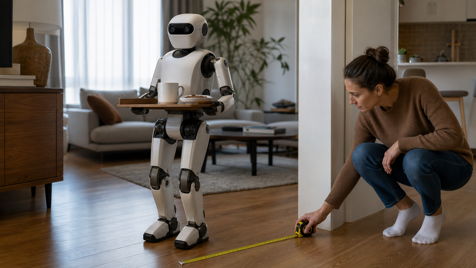 A home humanoid robot performing a simple tray task in a real living room while a buyer checks a safety and support checklist