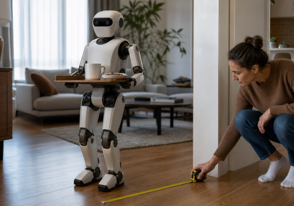 A home humanoid robot performing a simple tray task in a real living room while a buyer checks a safety and support checklist