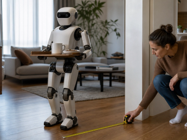 A home humanoid robot performing a simple tray task in a real living room while a buyer checks a safety and support checklist