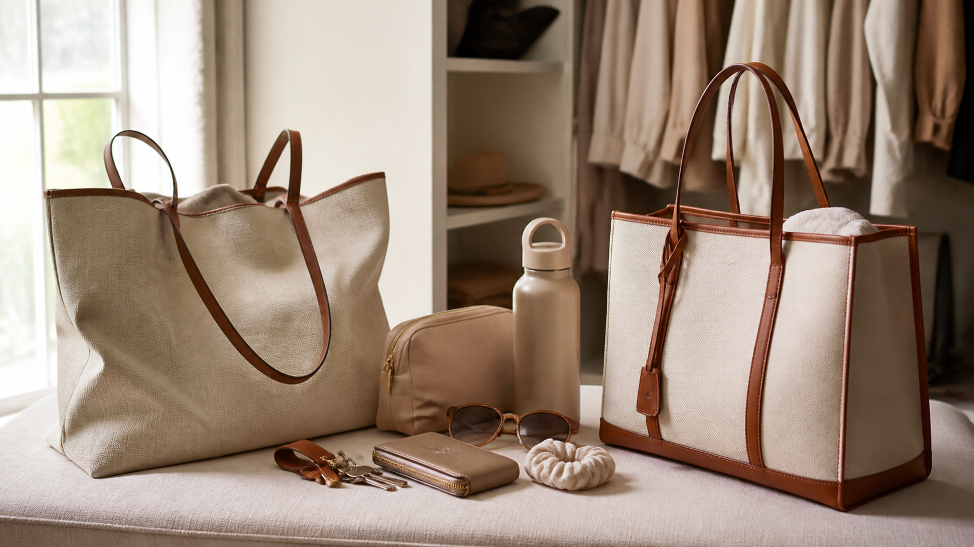 Two luxury coated-canvas tote constructions compared with daily essentials