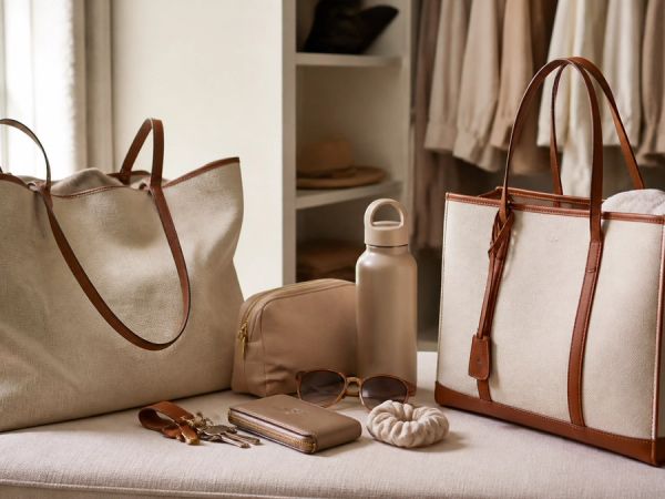 Two luxury coated-canvas tote constructions compared with daily essentials