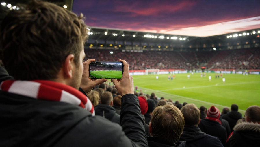 A football supporter framing a distant pitch on a modern phone at dusk, with the optical zoom view clear and the crowd softly layered
