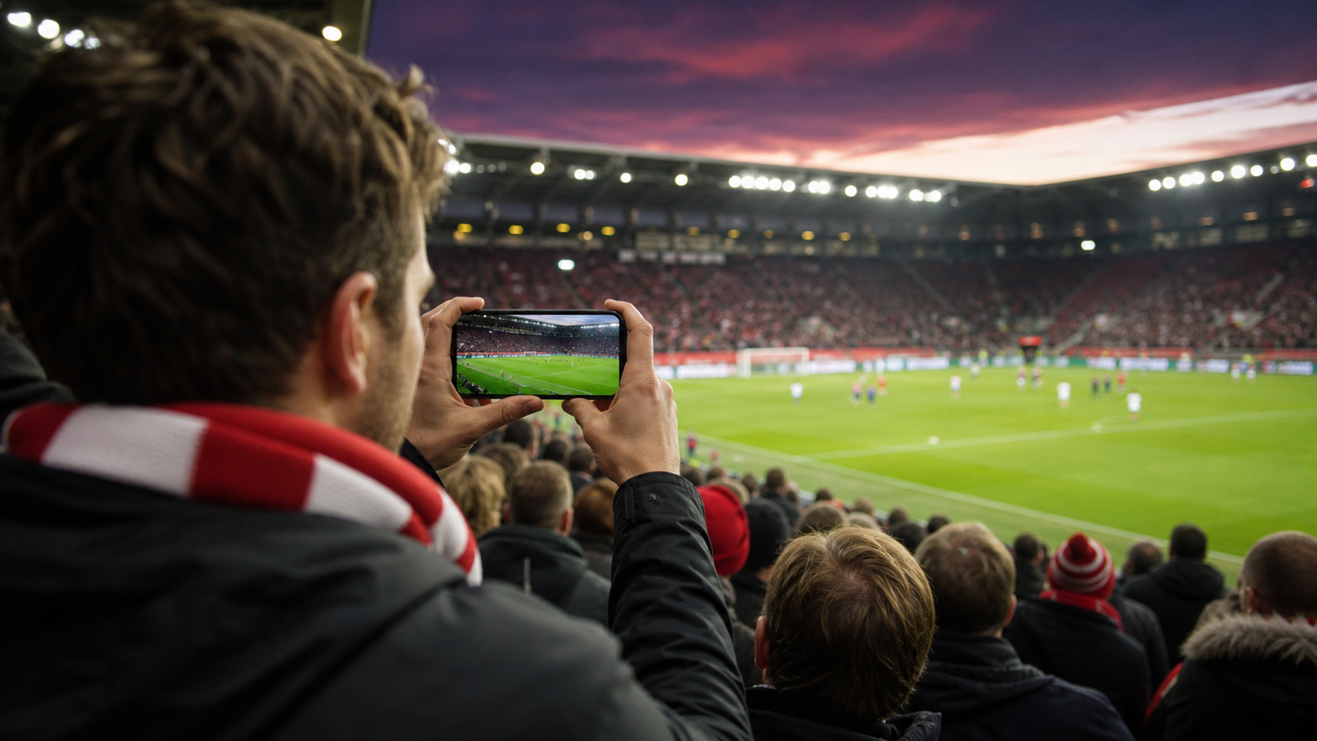 A football supporter framing a distant pitch on a modern phone at dusk, with the optical zoom view clear and the crowd softly layered