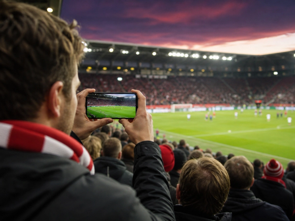 A football supporter framing a distant pitch on a modern phone at dusk, with the optical zoom view clear and the crowd softly layered