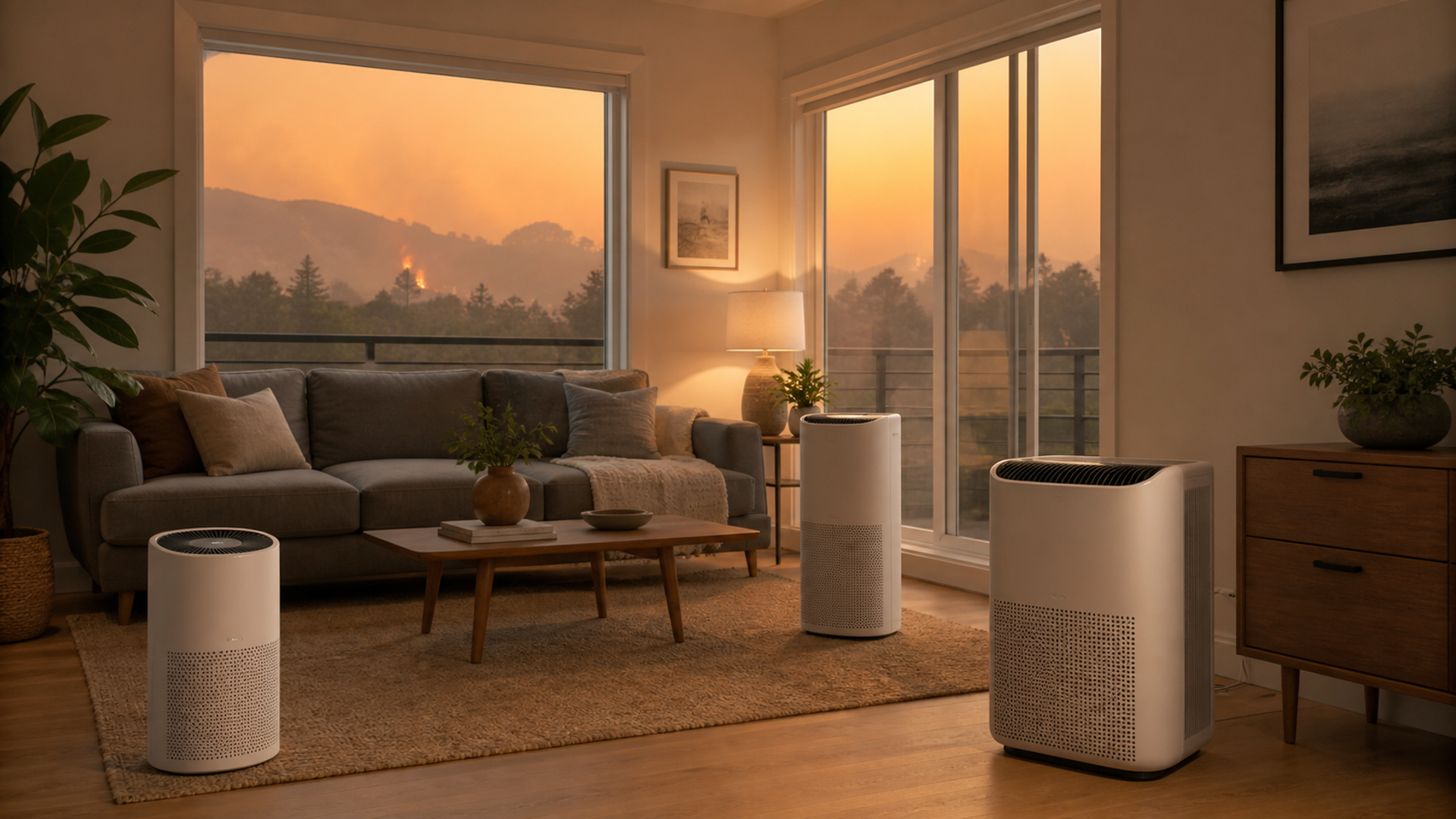 editorial interior during distant wildfire smoke: sealed modern living room with three different unbranded portable air-purifier sizes