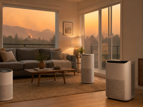 editorial interior during distant wildfire smoke: sealed modern living room with three different unbranded portable air-purifier sizes