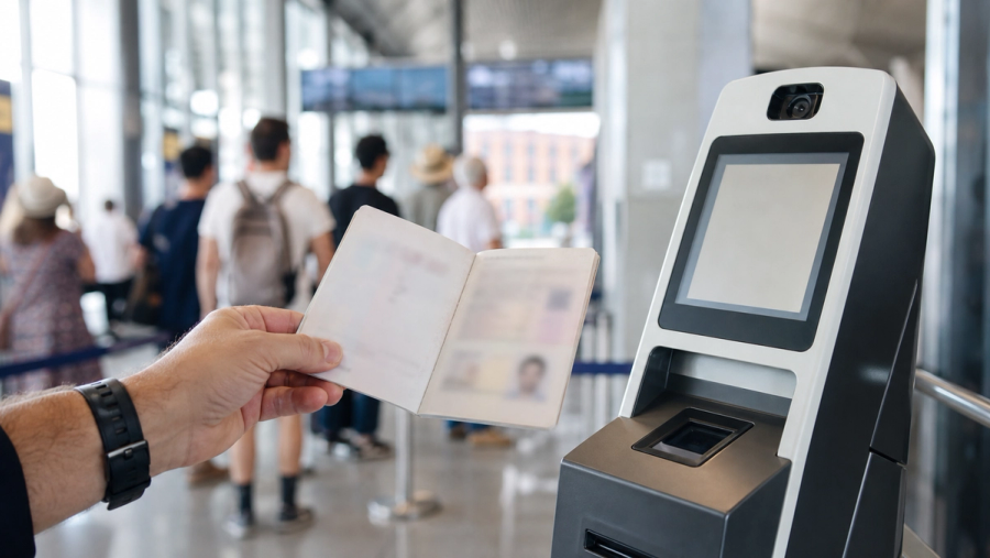 Traveller presenting an unreadable passport beside a biometric border kiosk in a European rail terminal.