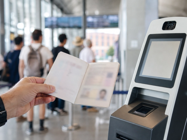 Traveller presenting an unreadable passport beside a biometric border kiosk in a European rail terminal.