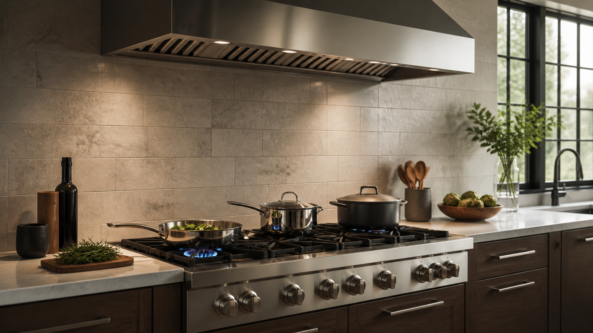 Gas range with spaced cookware and a substantial ventilation hood