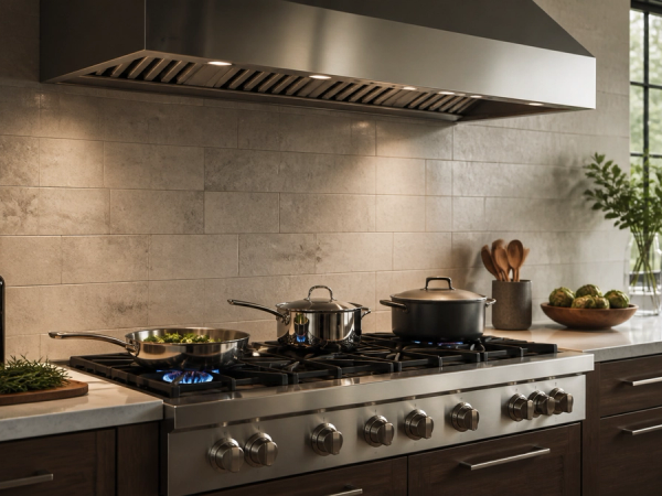 Gas range with spaced cookware and a substantial ventilation hood