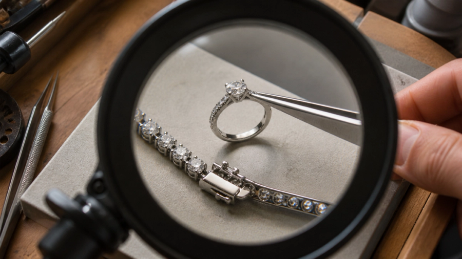 Jewellery inspected for metal disclosure, stone setting, surface finish and closure quality