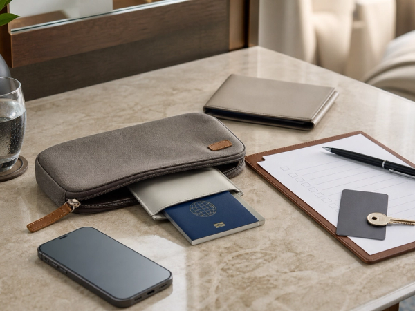 A premium unbranded handset, travel wallet and insurance policy pages on a hotel desk, with serial-number photo setup and no readable personal data or logos