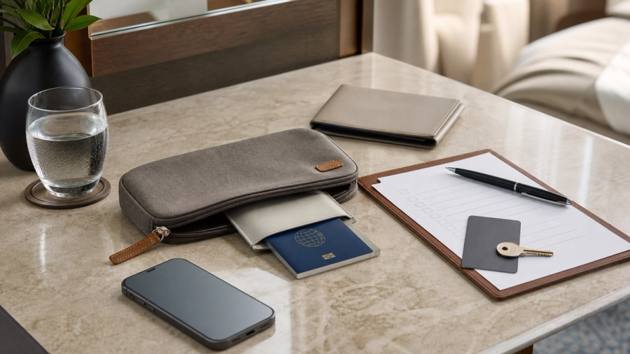 A premium unbranded handset, travel wallet and insurance policy pages on a hotel desk, with serial-number photo setup and no readable personal data or logos
