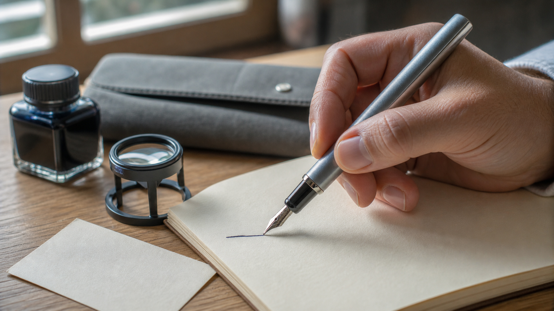 A hand testing an unbranded fountain pen on cream paper beside a loupe, ink bottle, service card and soft case, refined natural light, no readable text or logos