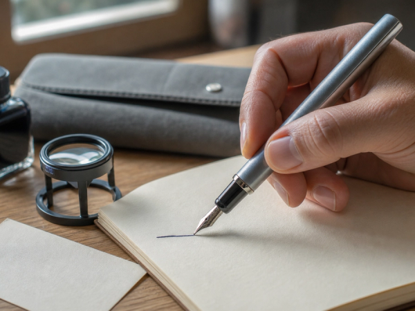 A hand testing an unbranded fountain pen on cream paper beside a loupe, ink bottle, service card and soft case, refined natural light, no readable text or logos
