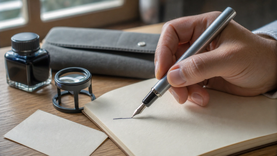 A hand testing an unbranded fountain pen on cream paper beside a loupe, ink bottle, service card and soft case, refined natural light, no readable text or logos