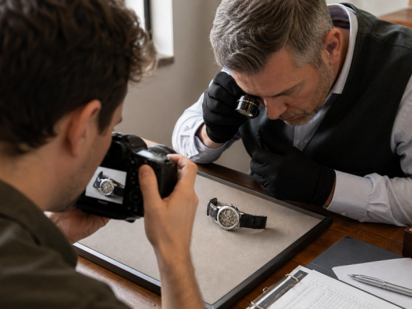 Collector photographing a mechanical watch while an expert examines its movement and papers