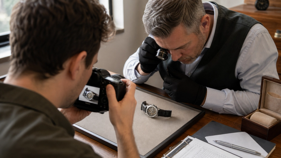 Collector photographing a mechanical watch while an expert examines its movement and papers