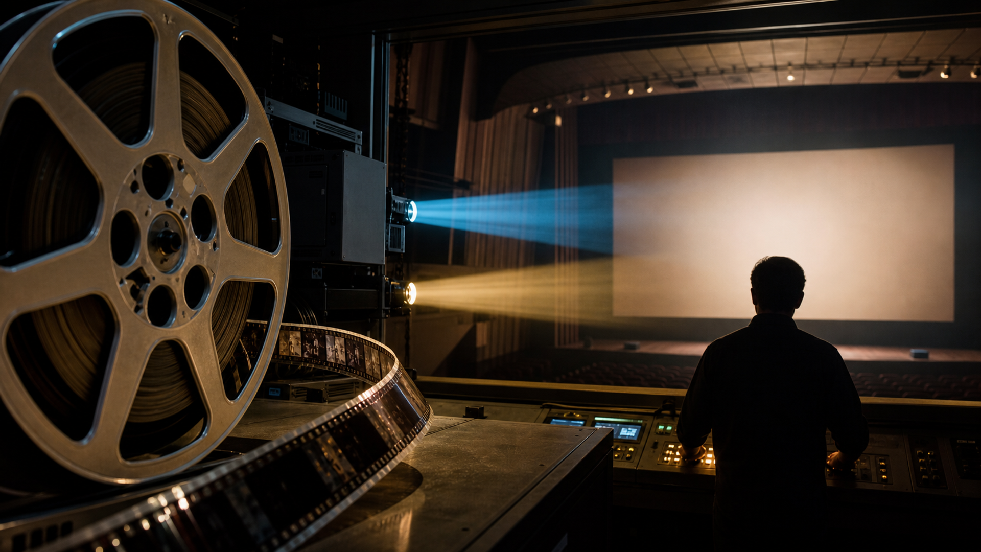 A large-format 70mm film reel beside two distinct digital projection beams in a premium cinema auditorium