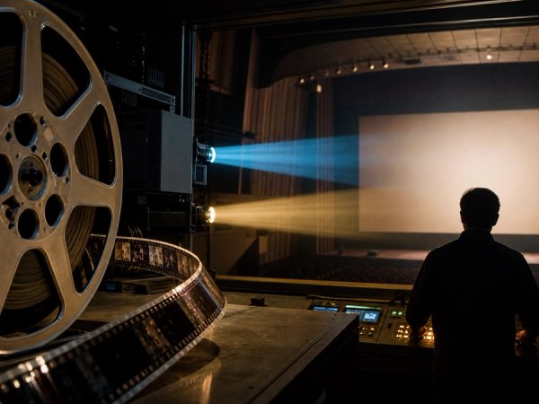 A large-format 70mm film reel beside two distinct digital projection beams in a premium cinema auditorium
