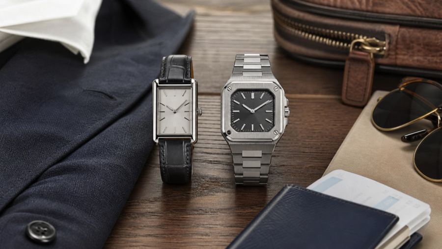Two elegant rectangular and square watch silhouettes on leather and steel beside formal tailoring and travel accessories