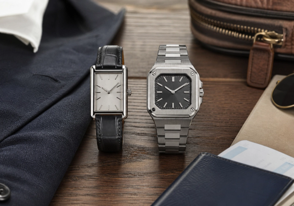 Two elegant rectangular and square watch silhouettes on leather and steel beside formal tailoring and travel accessories