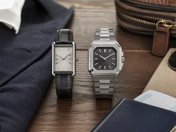 Two elegant rectangular and square watch silhouettes on leather and steel beside formal tailoring and travel accessories