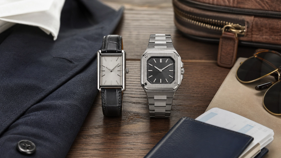 Two elegant rectangular and square watch silhouettes on leather and steel beside formal tailoring and travel accessories