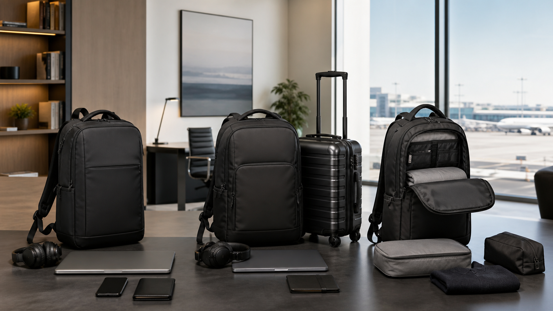 Three business backpacks packed for a city commute, business flight and overnight journey