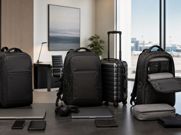 Three business backpacks packed for a city commute, business flight and overnight journey