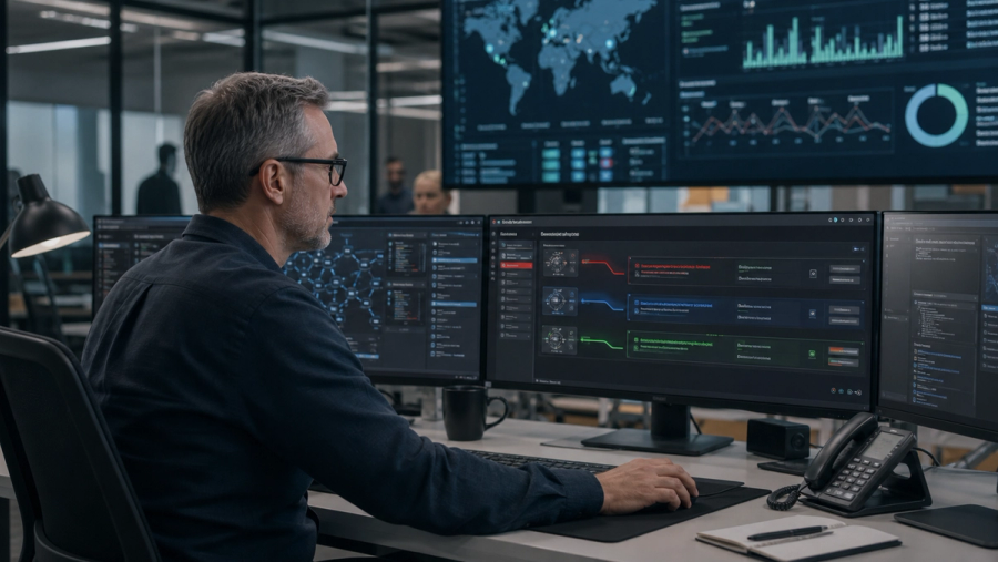 Security analyst supervising autonomous cyber defence agents in a modern operations centre