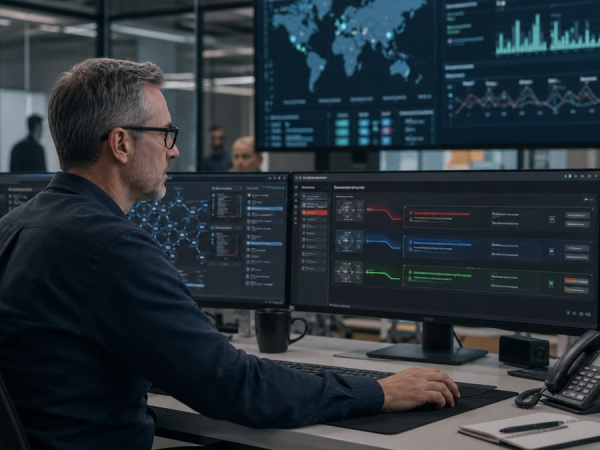 Security analyst supervising autonomous cyber defence agents in a modern operations centre