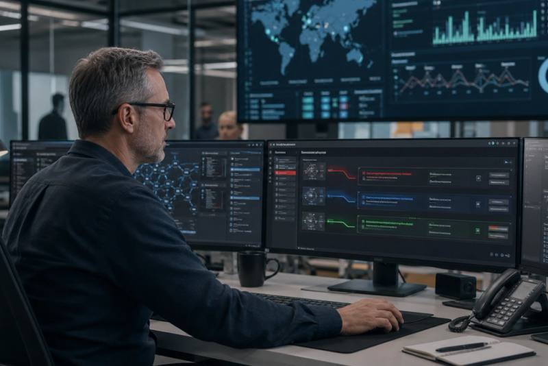 Security analyst supervising autonomous cyber defence agents in a modern operations centre