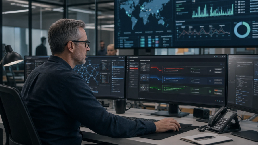 Security analyst supervising autonomous cyber defence agents in a modern operations centre
