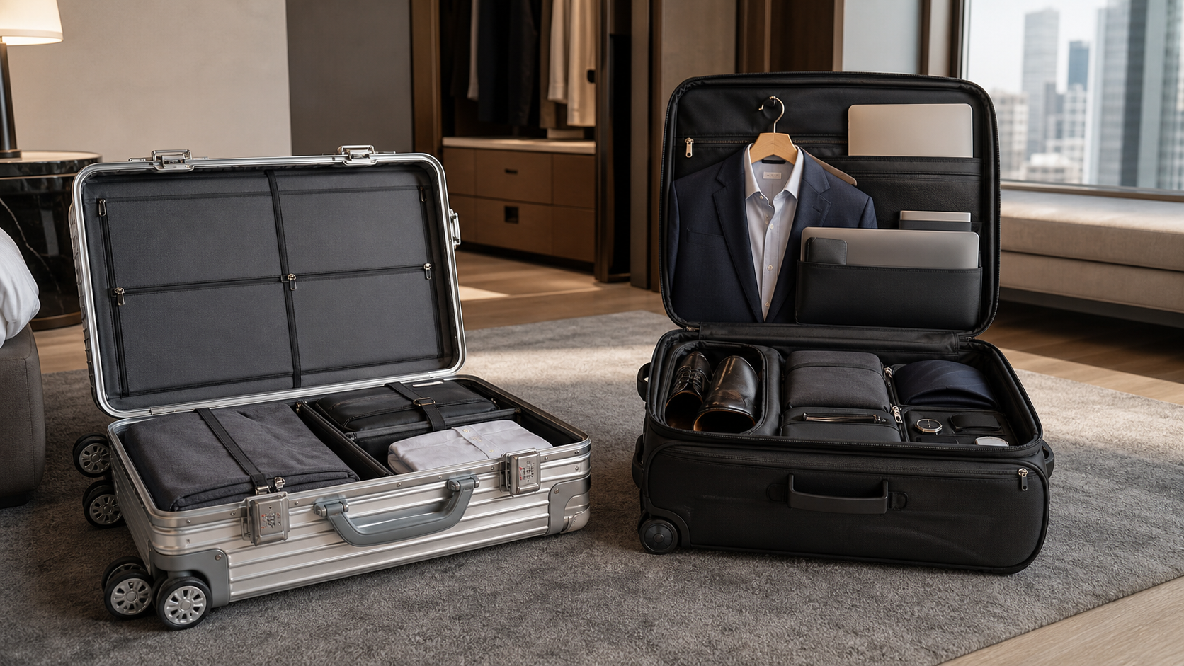 Aluminium hard-shell carry-on and organised soft-sided business luggage compared side by side