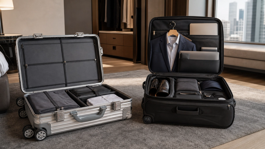 Aluminium hard-shell carry-on and organised soft-sided business luggage compared side by side