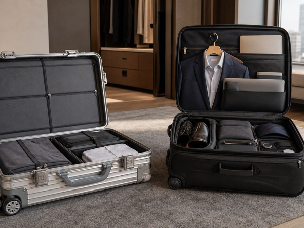 Aluminium hard-shell carry-on and organised soft-sided business luggage compared side by side