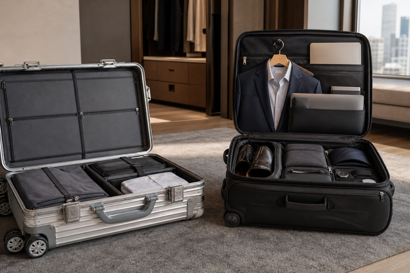 Aluminium hard-shell carry-on and organised soft-sided business luggage compared side by side