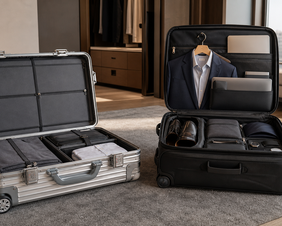 Aluminium hard-shell carry-on and organised soft-sided business luggage compared side by side
