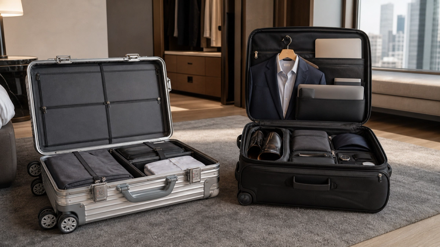 Aluminium hard-shell carry-on and organised soft-sided business luggage compared side by side
