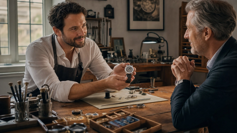 Independent watchmaker presenting a mechanical watch to a collector at the bench